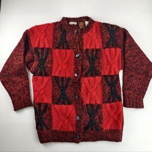 Card Amoroso Hand-Knitted Red & Black Cardigan Chunky Wool Blend Holiday Cabin